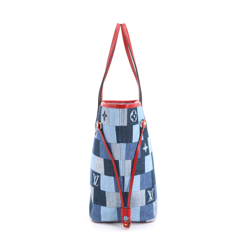 Louis Vuitton Denim Monogram Neverfull MM Tote Bag Blue Red - Picture 3 of 6